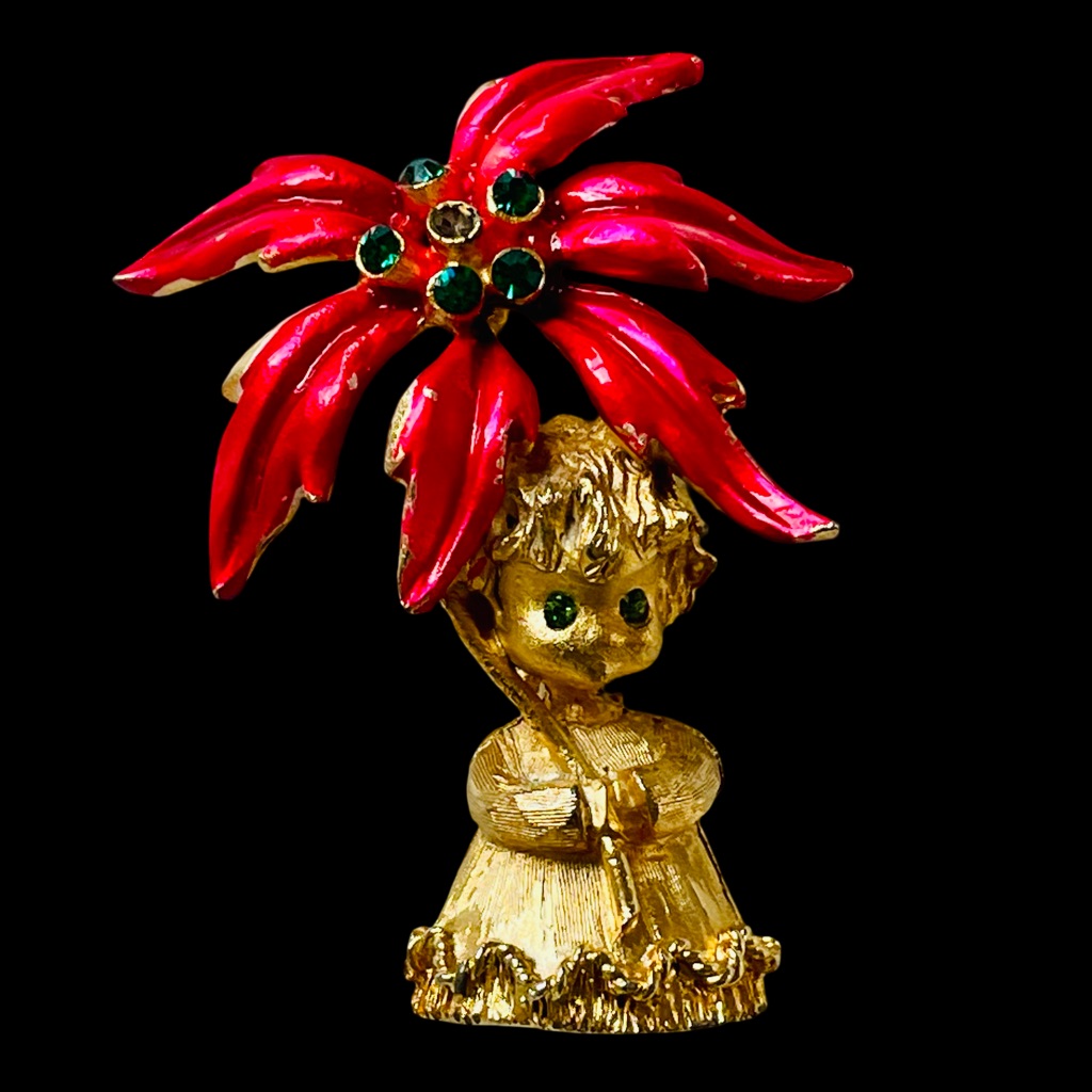 Vintage Signed Mylu Goldtone Brooch With Red Poinsettia And Green Rhinestones